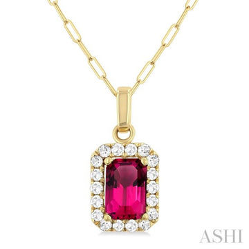 6x4 MM Octagonal Shape Pink Tourmaline and 1/6 Ctw Round Cut Diamond Halo Semi-Precious Pendant with Chain in 10K Yellow Gold